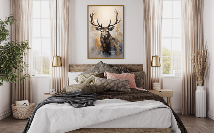 Majestic Elk In Beige And Gray Framed Canvas Wall Art