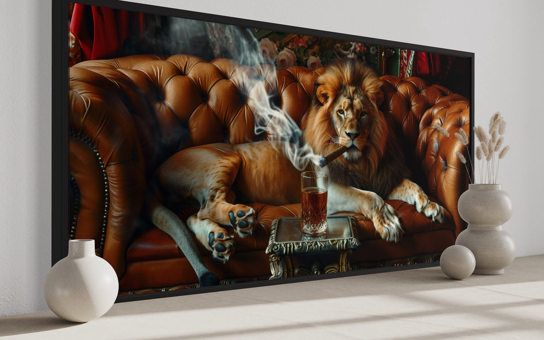 Majestic Lion On Couch Smoking Cigar Drinking Whiskey Man Cave Statement Wall Art