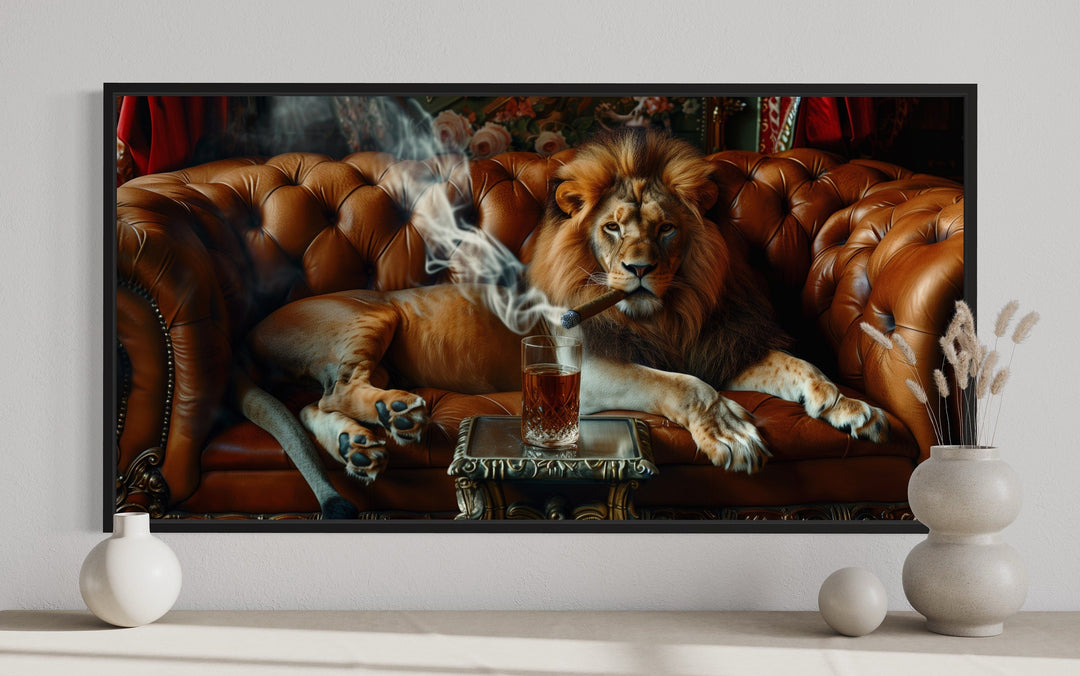 Majestic Lion On Couch Smoking Cigar Drinking Whiskey Man Cave Statement Wall Art