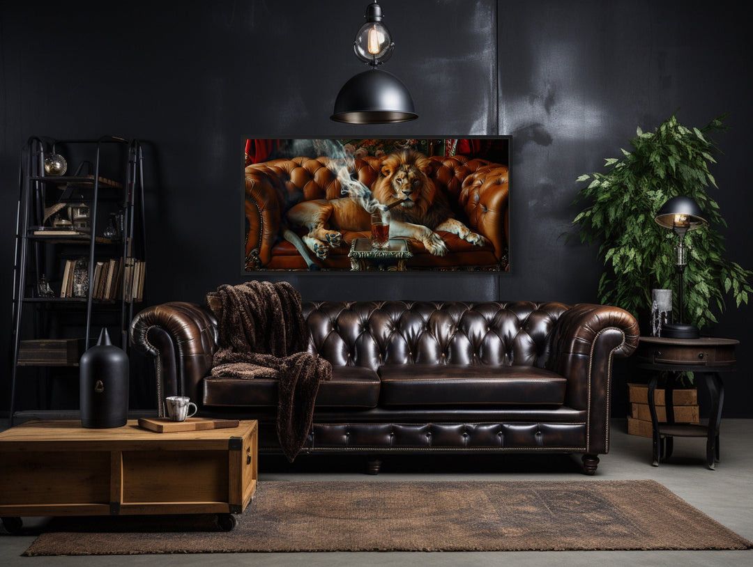 Majestic Lion On Couch Smoking Cigar Drinking Whiskey Man Cave Statement Wall Art