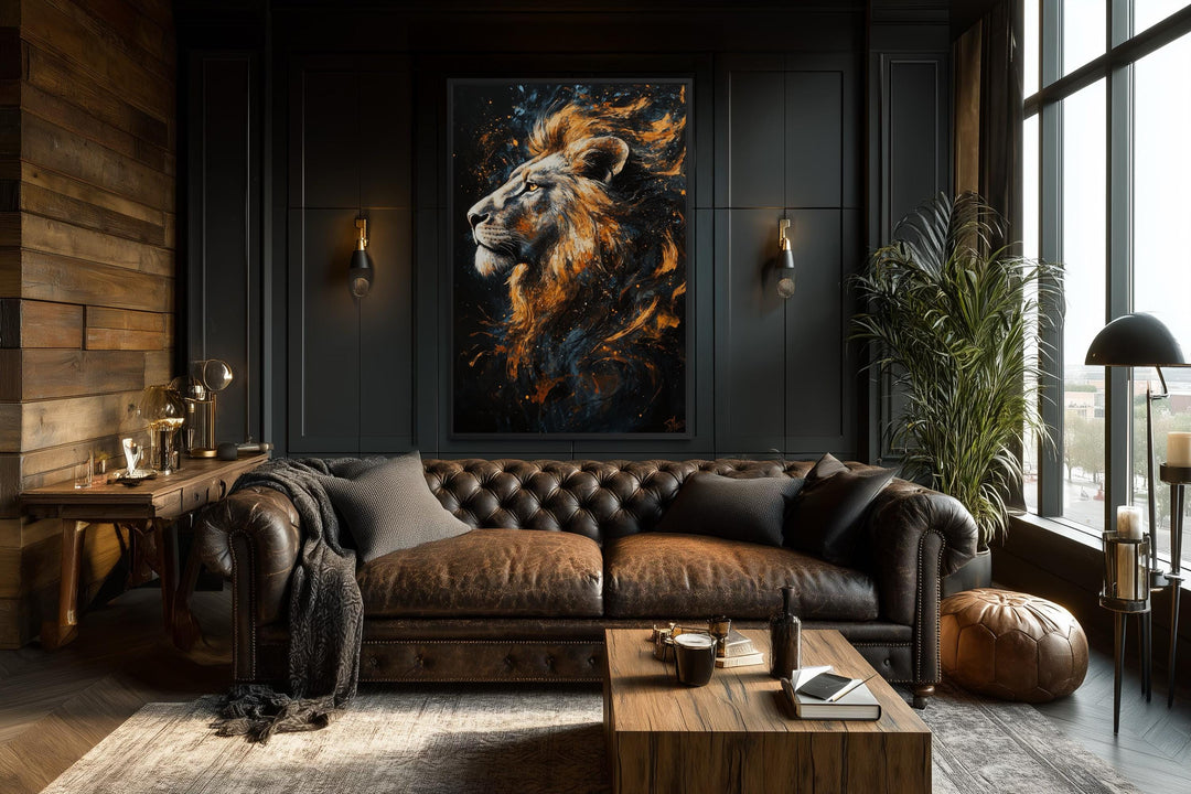 Majestic Lion Wall Art – Bold Animal Portrait on Black Gold Canvas for Masculine Living Room