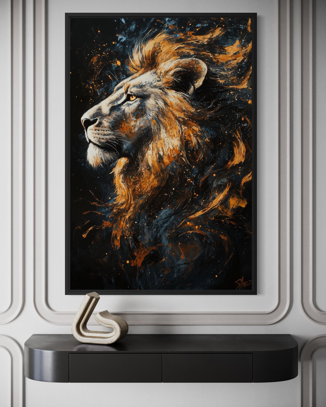 Majestic Lion Wall Art – Bold Animal Portrait on Black Gold Canvas for Masculine Living Room
