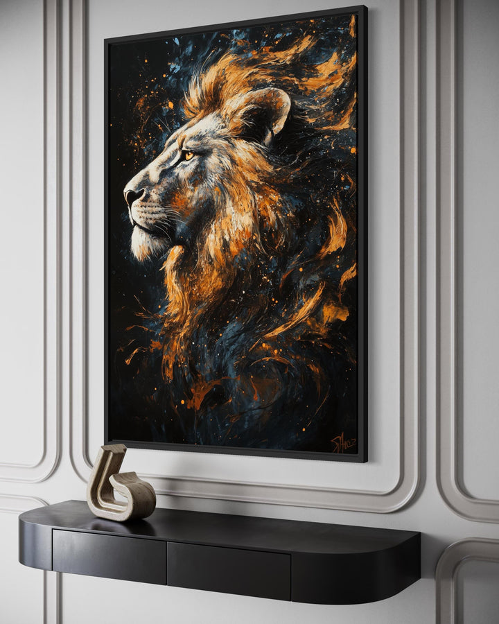 Majestic Lion Wall Art – Bold Animal Portrait on Black Gold Canvas for Masculine Living Room