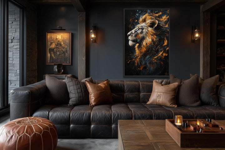 Majestic Lion Wall Art – Bold Animal Portrait on Black Gold Canvas for Masculine Living Room