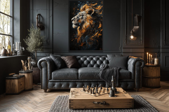 Majestic Lion Wall Art – Bold Animal Portrait on Black Gold Canvas for Masculine Living Room