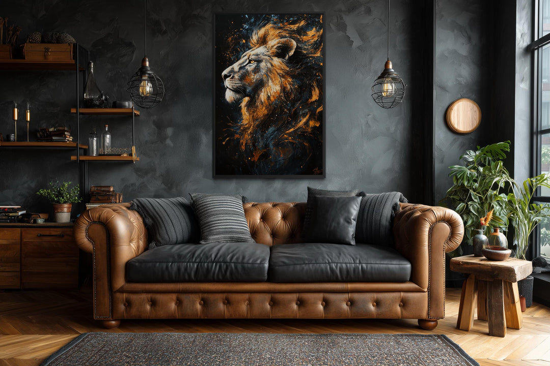 Majestic Lion Wall Art – Bold Animal Portrait on Black Gold Canvas for Masculine Living Room