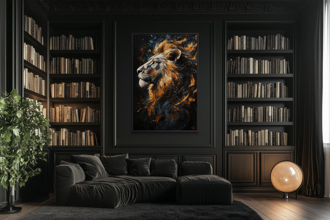 Majestic Lion Wall Art – Bold Animal Portrait on Black Gold Canvas for Masculine Living Room