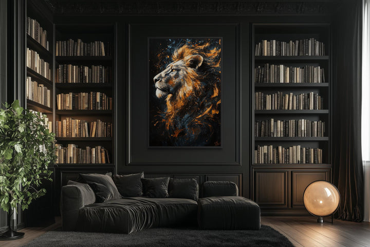 Majestic Lion Wall Art – Bold Animal Portrait on Black Gold Canvas for Masculine Living Room