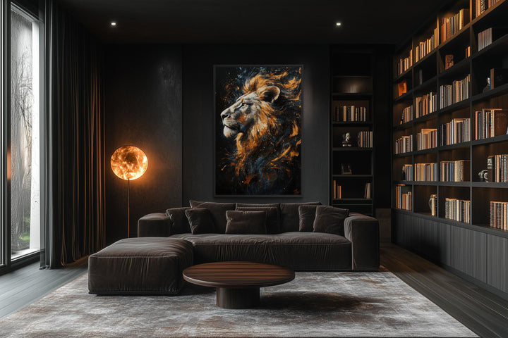 Majestic Lion Wall Art – Bold Animal Portrait on Black Gold Canvas for Masculine Living Room