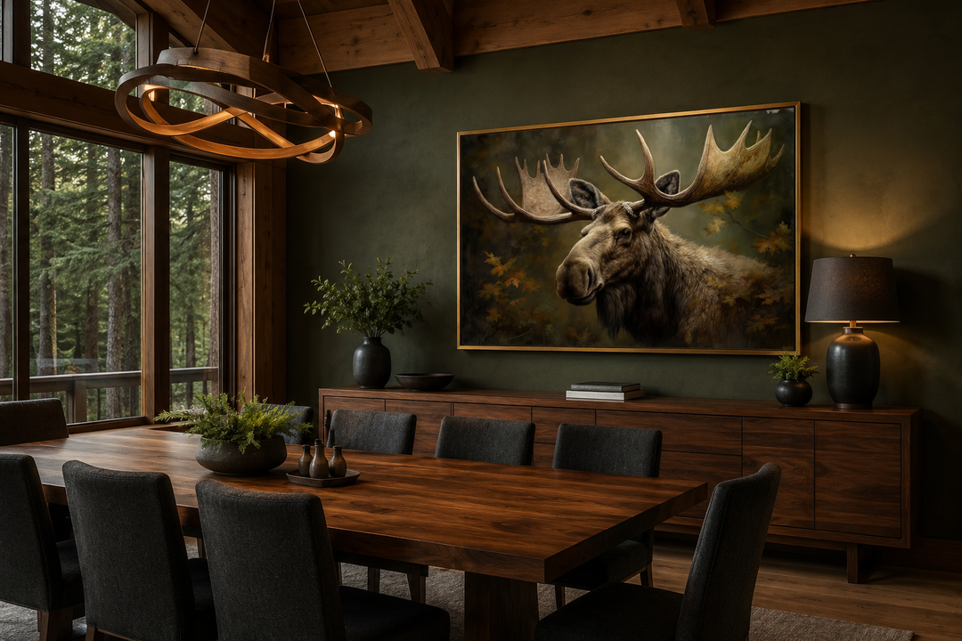 Majestic bull moose in autumn forest framed canvas wall art in a rustic dining room.