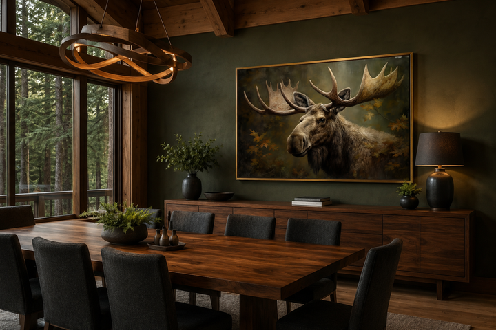 Majestic bull moose in autumn forest framed canvas wall art in a rustic dining room.