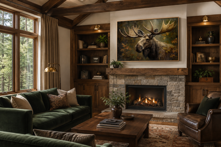 Majestic moose in autumn forest framed canvas wall art hanging above a stone fireplace in a cabin.