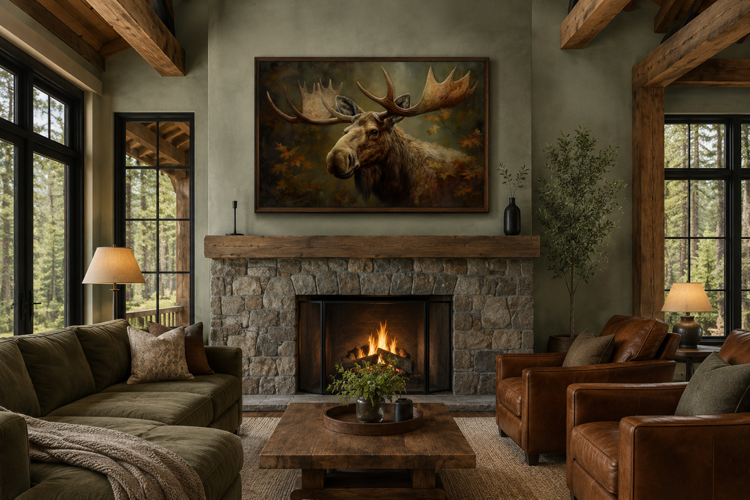 Majestic bull moose in autumn forest framed canvas wall art hanging above a stone fireplace.
