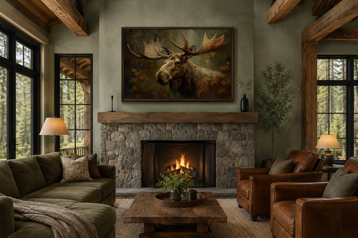 Majestic bull moose in autumn forest framed canvas wall art hanging above a stone fireplace.