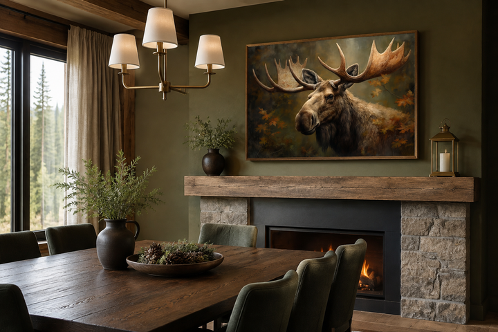 Framed canvas wall art of a majestic bull moose in an autumn forest above a rustic fireplace.