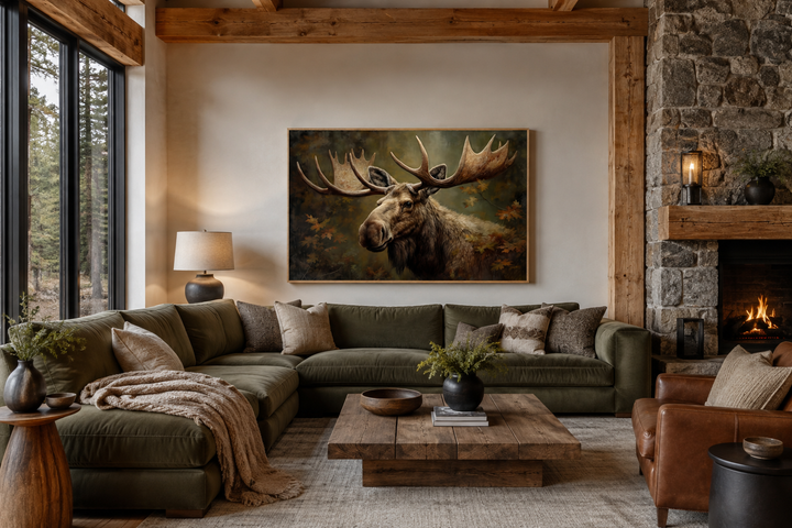Majestic bull moose in autumn forest framed canvas wall art hanging in a rustic living room.
