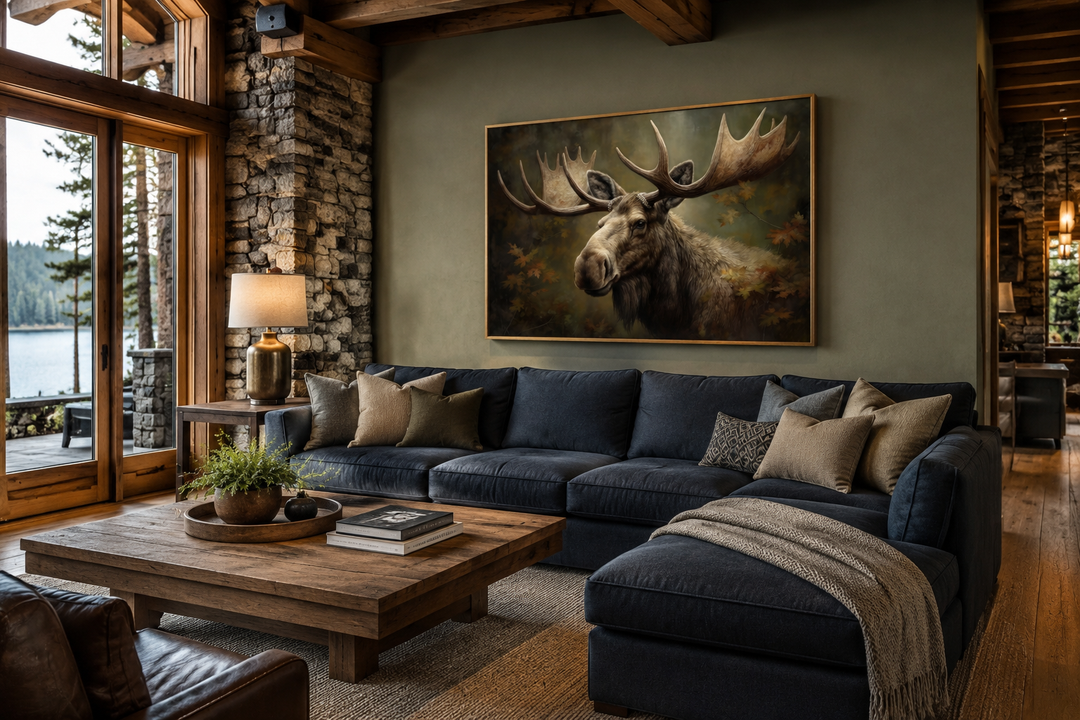 Framed canvas wall art of a majestic bull moose in an autumn forest above a navy sectional sofa.