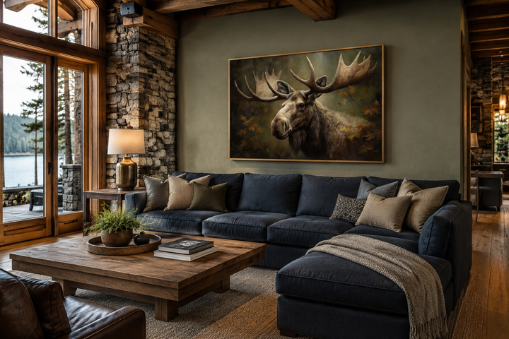 Framed canvas wall art of a majestic bull moose in an autumn forest above a navy sectional sofa.