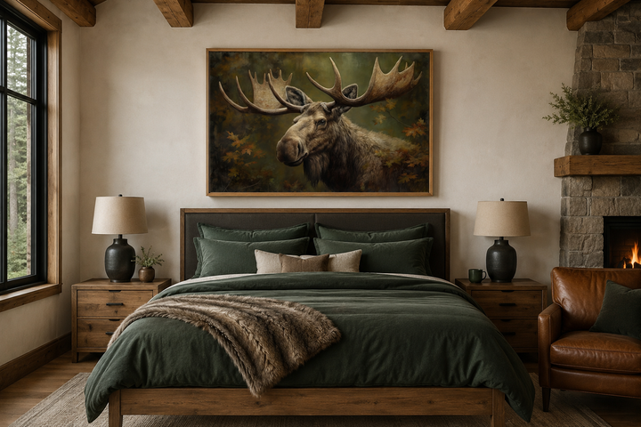 Majestic bull moose in autumn forest framed canvas wall art hanging above a bed in a rustic cabin.