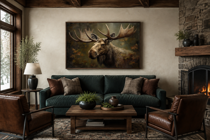 Majestic bull moose in autumn forest framed canvas wall art hanging above a dark green sofa.
