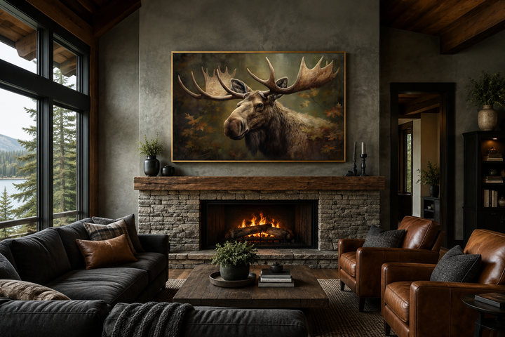 Majestic bull moose in autumn forest framed canvas wall art hanging above a stone fireplace.