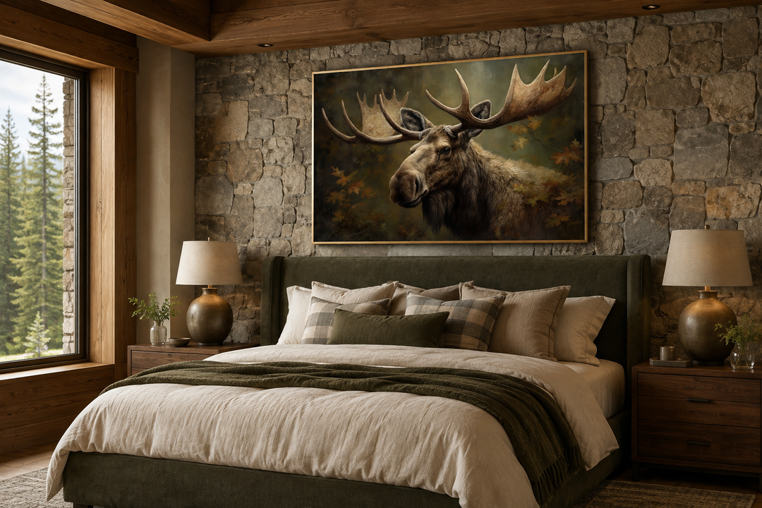 Majestic bull moose in autumn forest framed canvas wall art above a bed in a rustic cabin bedroom.