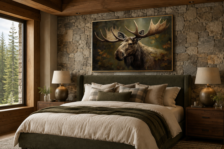 Majestic bull moose in autumn forest framed canvas wall art above a bed in a rustic cabin bedroom.