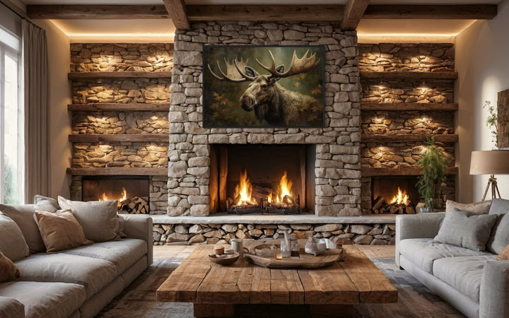 Majestic bull moose in autumn forest framed canvas wall art above a rustic stone fireplace.