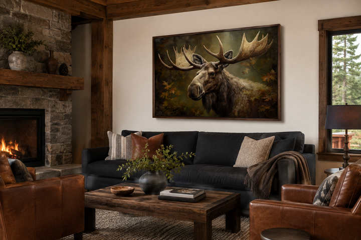 Majestic bull moose in autumn forest framed canvas wall art hanging above a sofa in a rustic cabin.