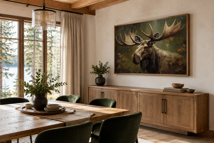 Majestic bull moose in autumn forest framed canvas wall art in a rustic dining room setting.