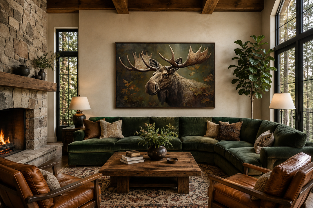 Majestic bull moose in autumn forest framed canvas wall art hanging above a green sectional sofa.