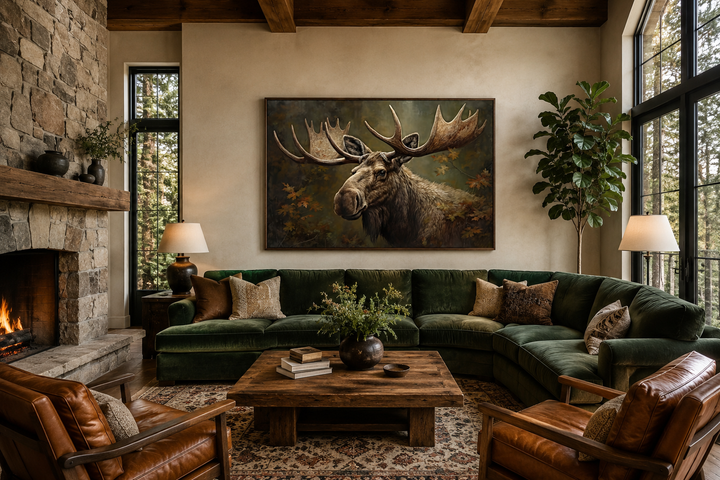 Majestic bull moose in autumn forest framed canvas wall art hanging above a green sectional sofa.