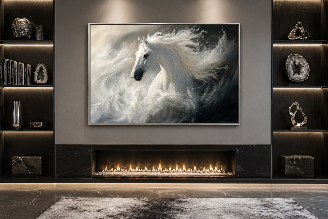 Framed canvas wall art of a white stallion with a flowing mane emerging from swirling ocean waves.