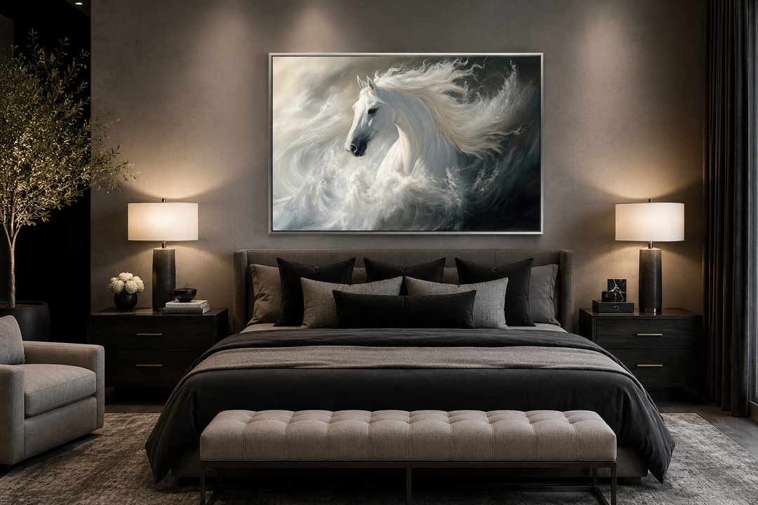 Framed canvas wall art of a white stallion with a flowing mane emerging from ocean waves.