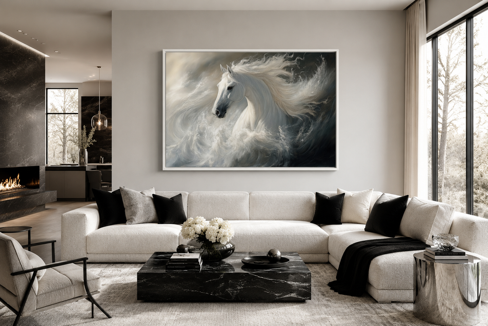 Framed canvas wall art of a white stallion with a flowing mane above a modern white sectional sofa.