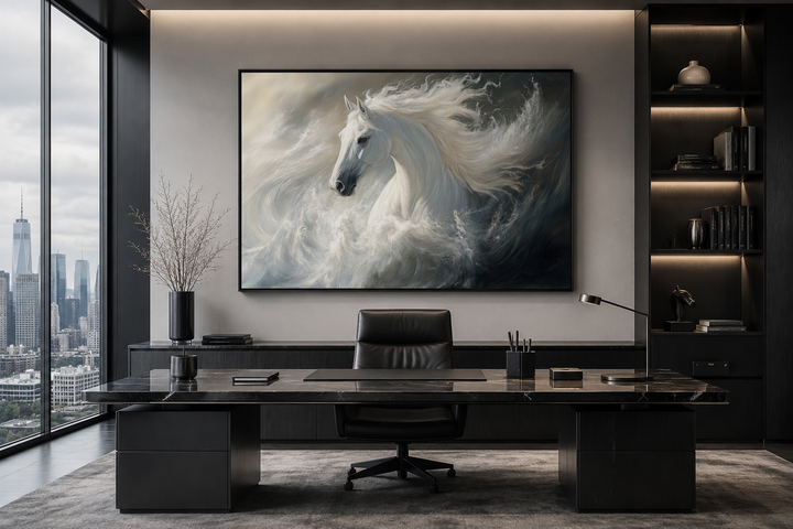 Framed canvas wall art of a white stallion with a flowing mane emerging from ocean waves.