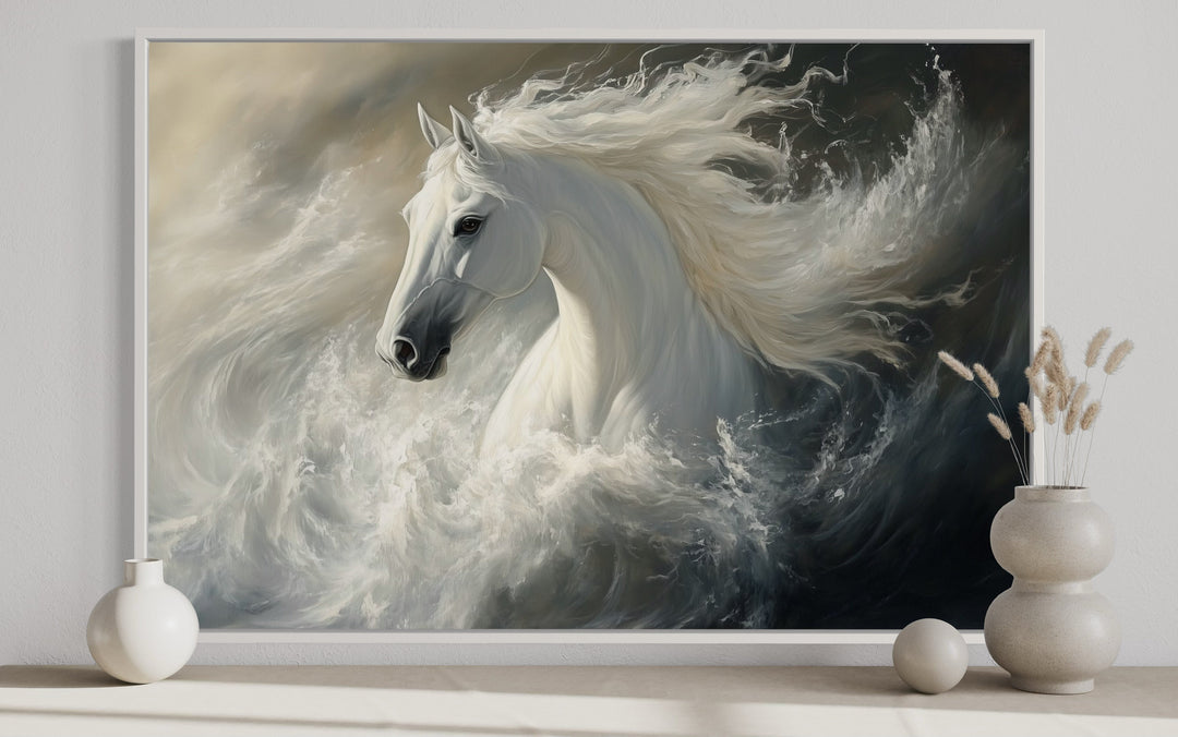 Framed canvas wall art of a white stallion with a flowing mane emerging from crashing ocean waves.
