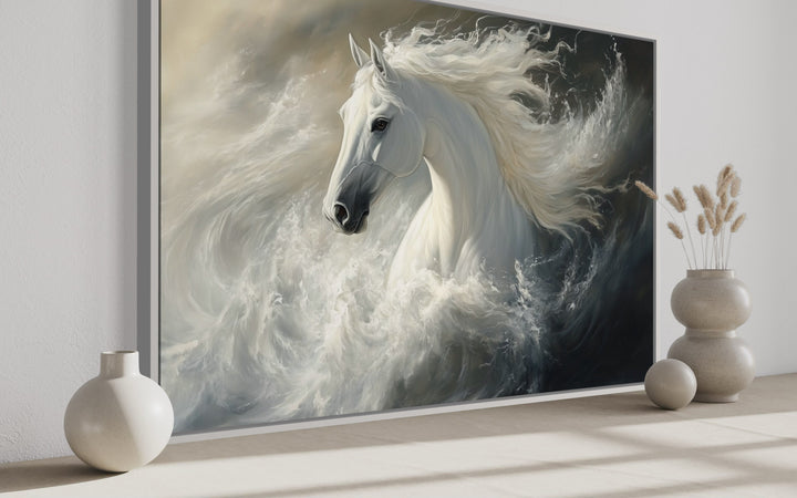 Framed canvas wall art of a white stallion with a flowing mane emerging from ocean waves.