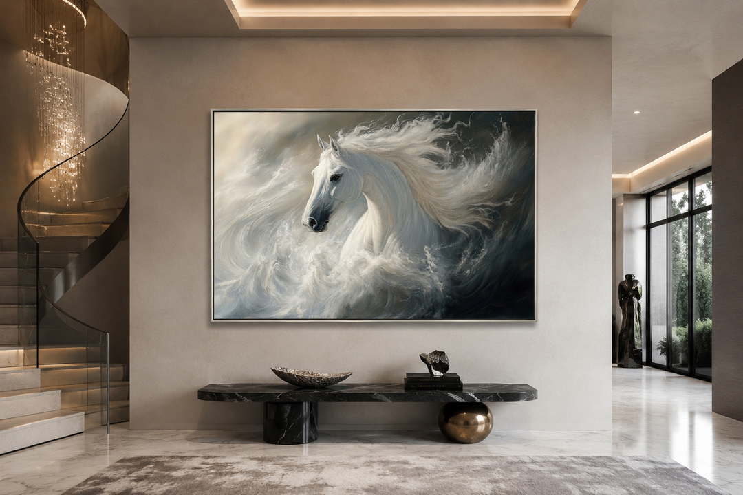 Framed canvas wall art of a white stallion with a flowing mane emerging from dark ocean waves.
