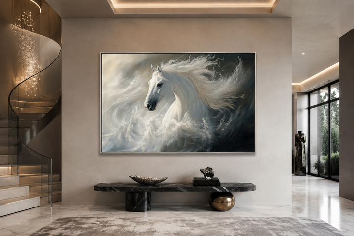 Framed canvas wall art of a white stallion with a flowing mane emerging from dark ocean waves.