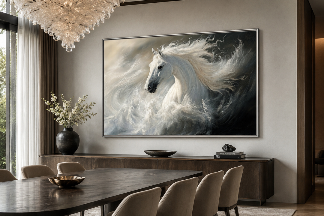Framed canvas wall art of a white stallion with a flowing mane emerging from ocean waves.