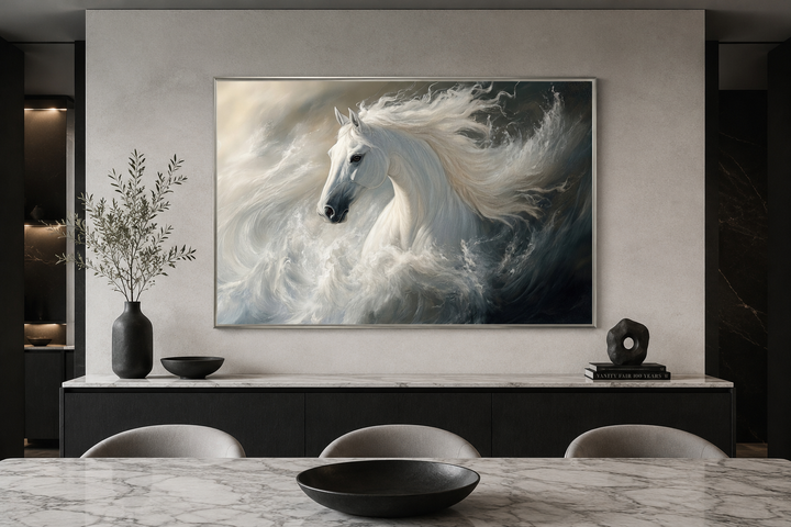 Framed canvas wall art of a white stallion with a flowing mane emerging from ocean waves.