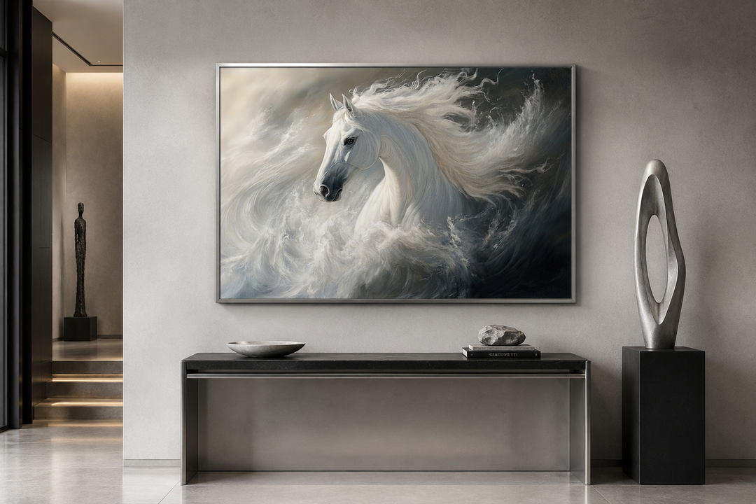 Framed canvas wall art of a white stallion with a flowing mane emerging from swirling ocean waves.