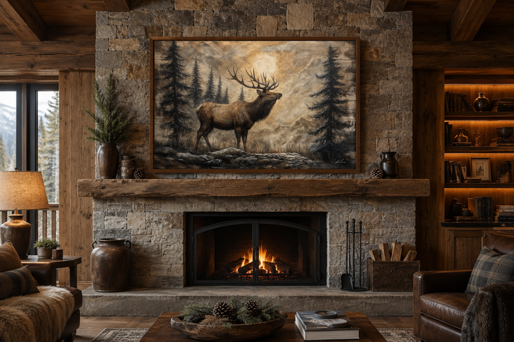 Rustic elk in winter forest painting on wood framed canvas above a stone fireplace in a cabin.