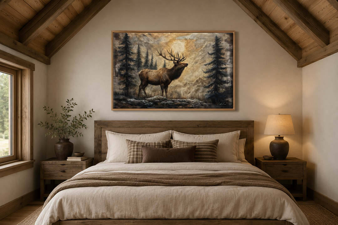 Rustic framed canvas wall art of an elk in a winter forest hanging above a bed in a cabin bedroom.