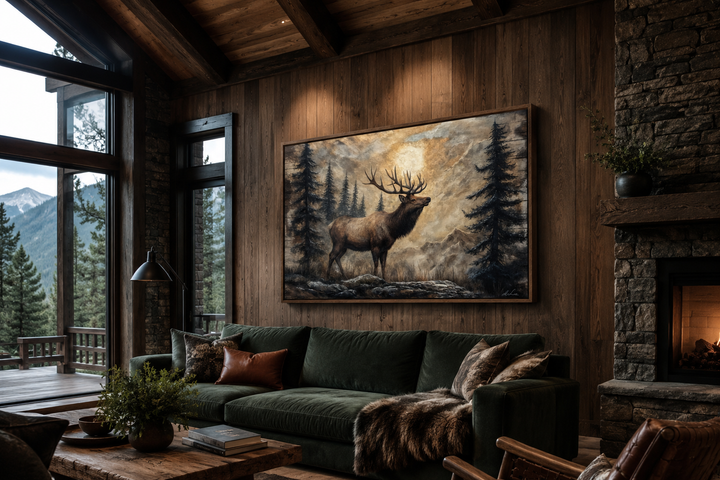 Rustic framed canvas wall art of a majestic elk in a winter forest above a green sofa in a cabin.