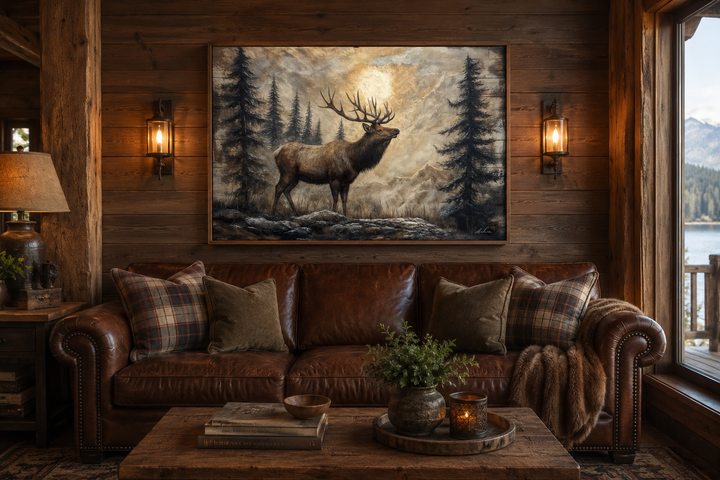 Rustic framed canvas wall art featuring a majestic elk in a winter forest above a leather sofa.