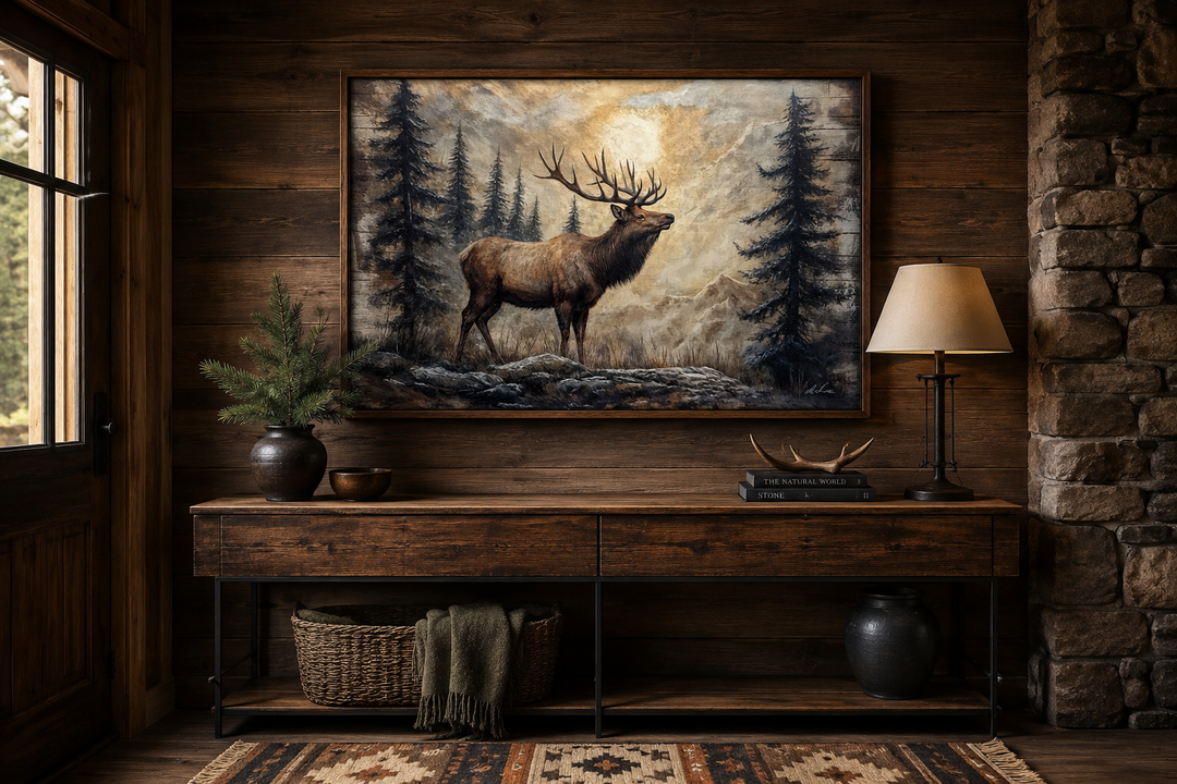 Rustic framed canvas wall art of an elk in a winter forest, displayed in a cabin-style room.