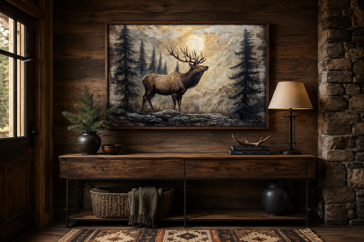 Rustic framed canvas wall art of an elk in a winter forest, displayed in a cabin-style room.