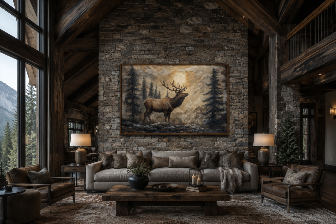 Rustic framed canvas wall art of an elk in a winter forest hanging above a sofa in a cabin.